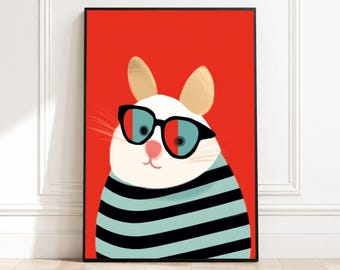 Cool katt med solglasögon canvas, modern djurväggkonst, funky kattillustration, färgglad heminredning, lekfull barnrumscanvas