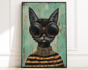 Cool kattporträtt på canvas, väggkonst i retrostil med katt och solglasögon, målning av morrhåriga kattungar, modern heminredning, rolig djurcanvas