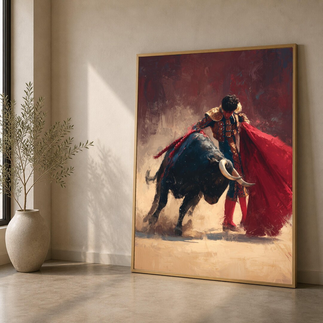 Matador and Bull Dance, Spanish Bullfighting Scene Canvas, Dramatic Red ...