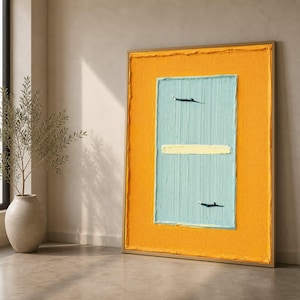 Minimalistische abstrakte Wandkunst, modernes geometrisches Design, Orange und blaue Rechteckmalerei, zeitgenössisches Wohndekor, Leinwandkunst
