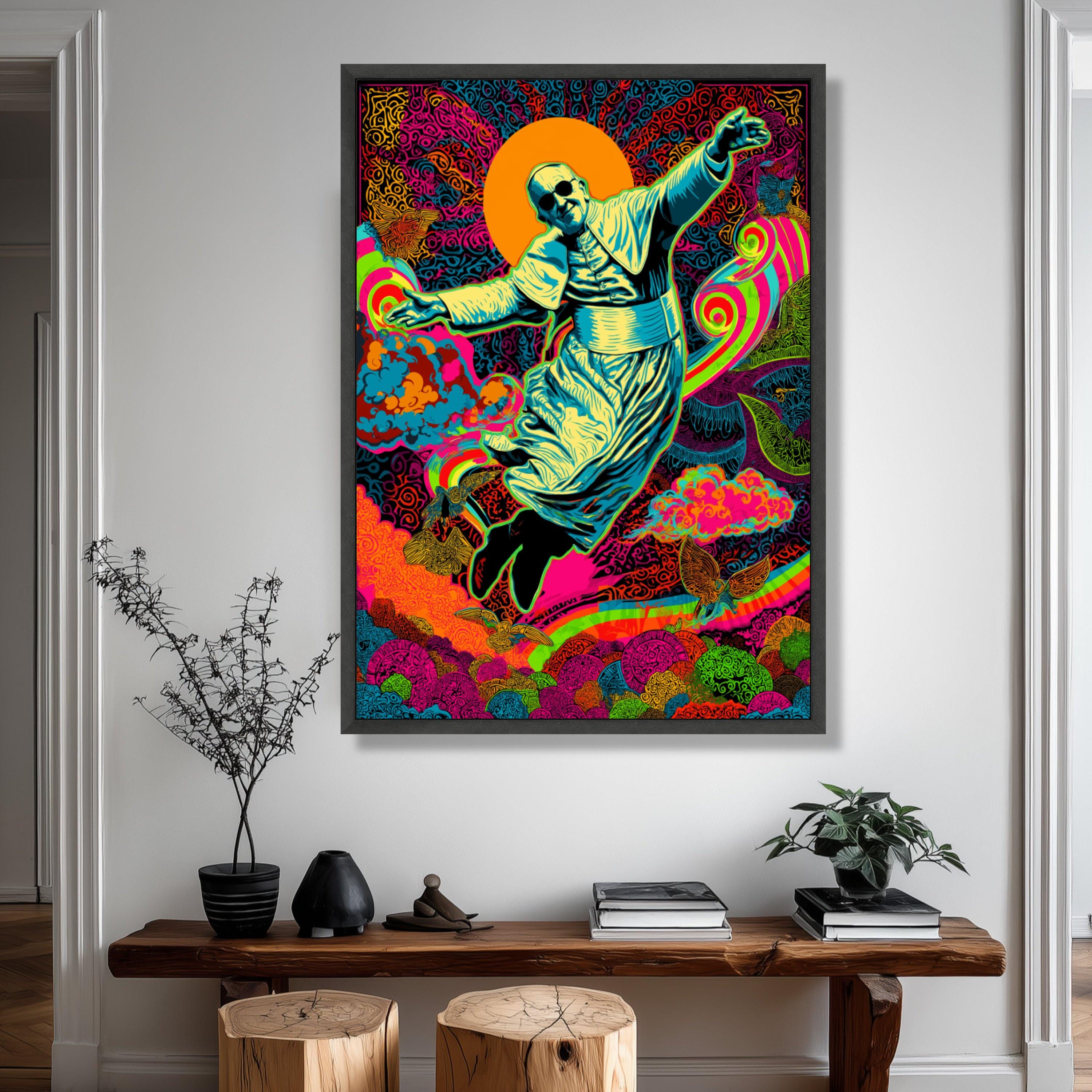 Vibrant Psychedelic Pope Canvas, Colorful Spiritual Wall Art