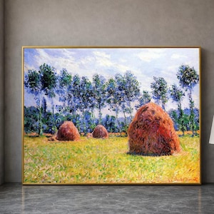 Claude Monet hooibergen bij Giverny canvas, impressionistische landschapskunst aan de muur, canvas boerderij scène, rustieke natuurdecoratie, klaar om op te hangen