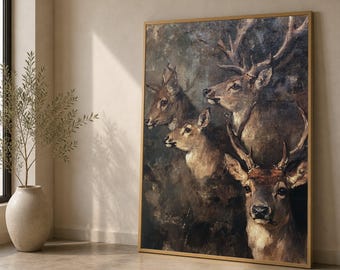 Majestic Deer Family Portrait, Rustic Wildlife Canvas Wall Art, Nature Animal Painting, Forest Home Decor, Ready to Hang Canvas