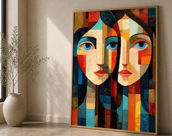 Abstract Duo Portrait Canvas Wall Art, Modern Geometric Faces Painting, Contemporary Colorful Home Decoration, Blue and Orange Tones Canvas