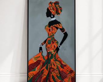 Elegant African Woman Canvas Wall Art, Vibrant Traditional Dress, Ethnic Fashion Silhouette, Colorful Home Décor Painting, Cultural Canvas