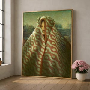 Lienzo con figura misteriosa y manta estampada, retrato surrealista, decoración fascinante para el hogar, impresión textil étnica, listo para colgar.