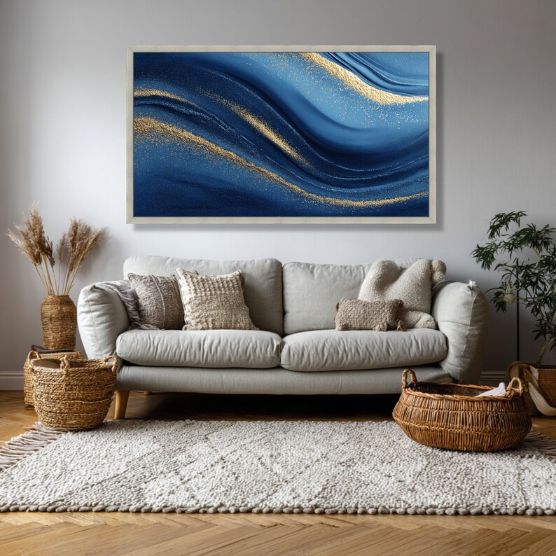 Modern Blue and Gold Abstract Canvas Wall Art, Luxury Fluid Art ...