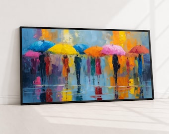 Colorful Umbrella Parade Abstract Painting Canvas, Modern Impressionist Wall Art, Vibrant Cityscape Decor, Rain Reflection Canvas Art, Ready