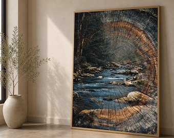 Rustic River Stream Canvas Wall Art, Tree Rings Overlay, Nature Landscape Decor, Forest Stream Scene, Wood Canvas, Home Wall