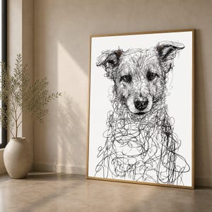 Lienzo con retrato abstracto de perro a mano alzada, arte mural de mascotas en blanco y negro, decoración moderna con bocetos de animales, arte único para la sala de estar
