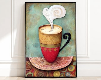 Whimsical Coffee Cup Canvas, Steaming Hot Drink Art, Cozy Kitchen Wall Decor, Abstract Coffee Illustration, Colorful Home Canvas Print