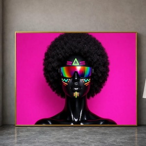 Afro Futuristic Portrait Canvas, Neon Face Paint Wall Art, Rainbow Visor Decor, Modern Pop Art Canvas, Bold Home Decoration