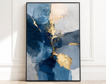 Abstract Blue and Gold Canvas, Modern Wall Art, Metallic Accents, Contemporary Canvas Print, Elegant Home Decoration
