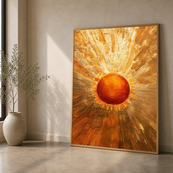 Golden Sunburst Abstract Canvas, Radiant Sun Painting, Wall Art