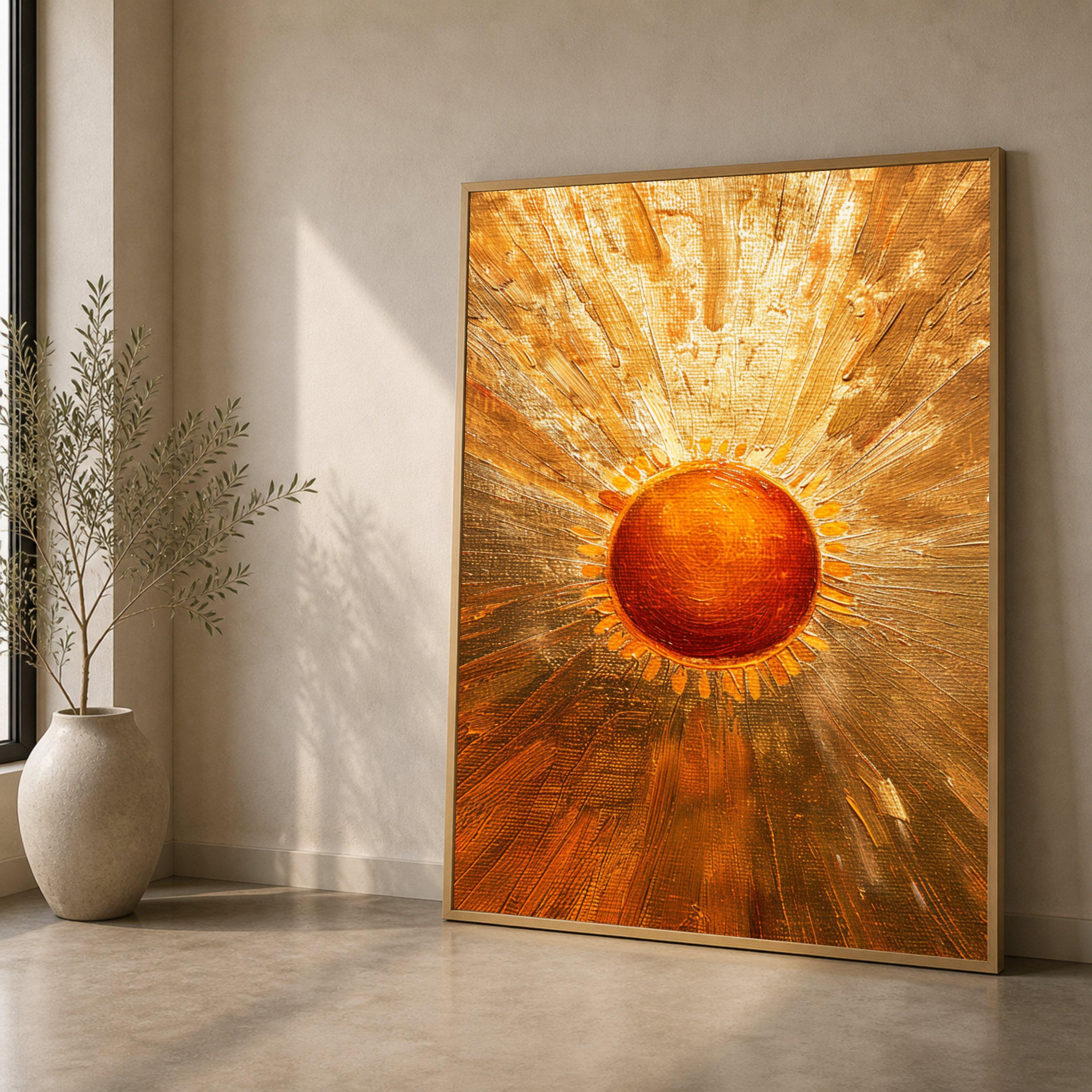 Golden Sunburst Abstract Canvas, Radiant Sun Painting, Wall Art