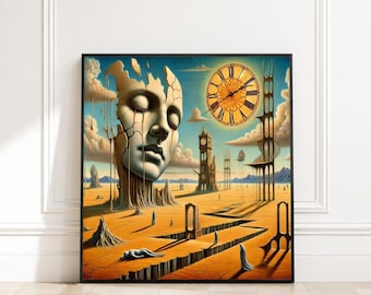 Surreal Time and Memory, Salvador Dali Canvas, Melting Clock Art, Abstract Surrealism Wall Decor, Dreamlike Landscape Canvas, Modern Home