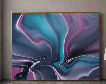 Abstrakte Fluid Art Leinwand, Lila Teal Wirbel Gemälde, modernes Wohndekor, zeitgenössische Wandkunst, bunte Acryl gießen Leinwand