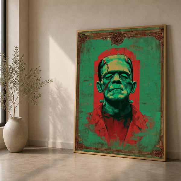 Vintage Frankenstein Portrait Canvas, Horror Movie Wall Art, Retro Gothic Decor, Spooky Home Decoration, Classic Monster Illustration Canvas