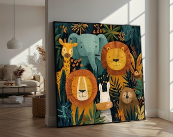 Cute Jungle Animals Canvas, Safari Nursery Wall Art, Kids Room Decoration, Playful Lion Elephant Giraffe Canvas, Whimsical Animal