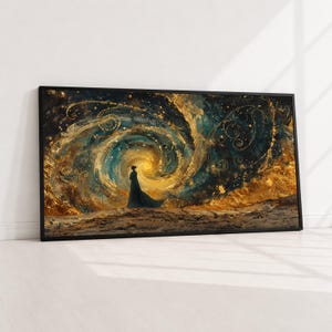 Kosmiczny wir w stylu Gustava Klimta, abstrakcyjne płótno z galaktyką, złota spiralna sztuka ścienna, mistyczne nocne niebo, płótno z figuralną sylwetką, wystrój domu