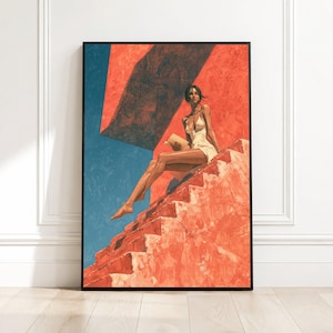 Elegant Woman Sitting on Terracotta Stairs Canvas, Summer Fashion Art, Minimalist Wall Decor, Contemporary Portrait Canvas, Warm Color