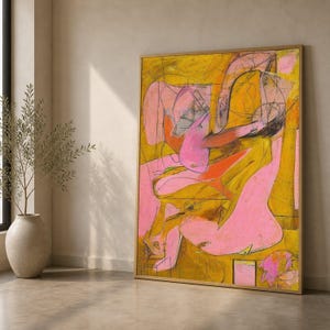 Lienzo abstracto de ángeles rosas para pared, Willem de Kooning, expresionismo abstracto moderno, decoración vibrante para el hogar, pintura grande en lienzo