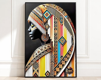 African Tribal Woman Canvas, Ethnic Portrait Wall Art, Colorful Geometric Patterns, Cultural Home Decoration, Abstract Canvas Art