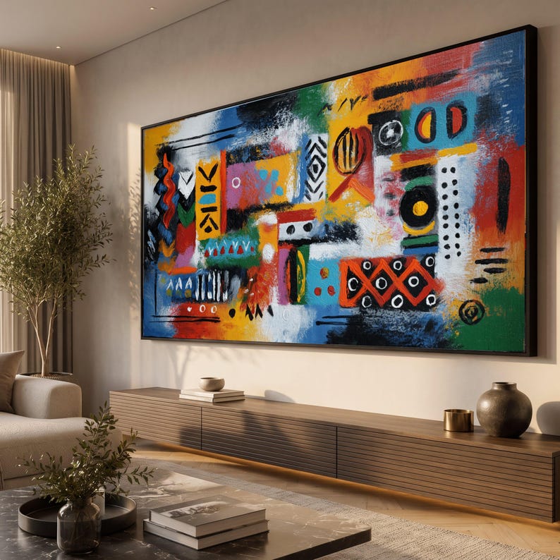 Vibrant African Tribal Canvas, Abstract Ethnic Wall Art, Colorful Tribal Patterns, Modern Canvas Decor, Ready to Hang Artwork image 2