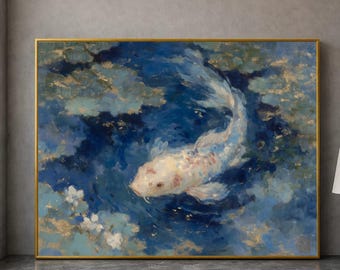 Ruhige Koi Fisch Leinwand Wandkunst, Blaue Teich Landschaft, Japanische Garten Malerei, Serene Wasserszene, Natur Wohnkultur