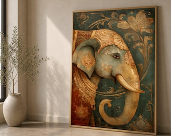 Sierlijke olifantenkop canvas muurkunst, Indiaas dier decor, vintage schilderij met bloemmotief, spiritueel wildlife canvas, woondecoratie
