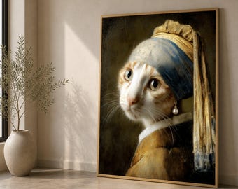 Cat with Pearl Earring Canvas Wall Art, Classic Renaissance Style Cat Portrait, Whimsical Animal Canvas Decor, Unique Home Wall Art
