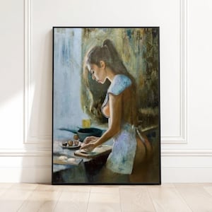 Elegante vrouw kookdoek, vintage keukenscène, sensueel interieur, artistieke vrouwelijke figuur kunst aan de muur, rustieke canvasdecoratie