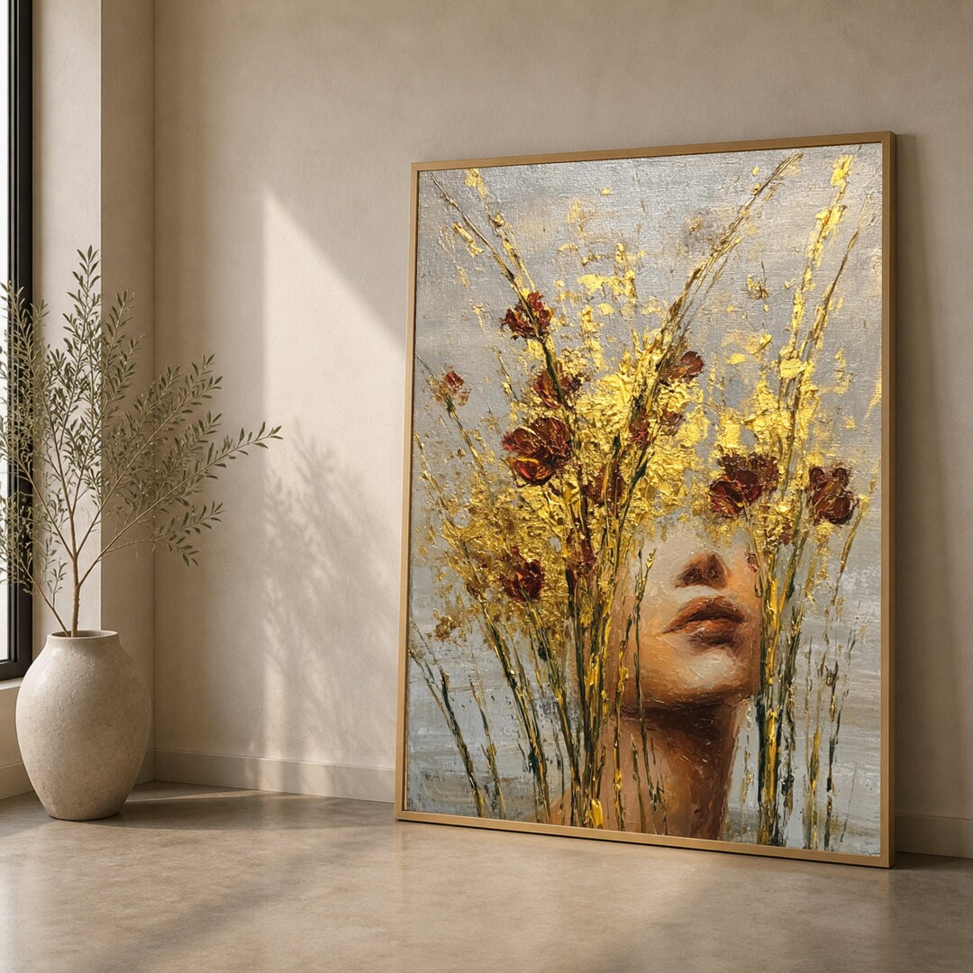 Abstract Woman Portrait With Gold Floral Accents, Canvas Wall Art ...
