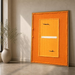 Arte de pared minimalista abstracto en lienzo naranja, decoración geométrica moderna para el hogar, pintura naranja y amarilla, arte contemporáneo en lienzo.