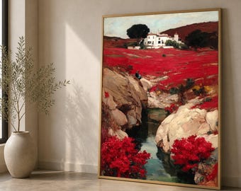 Tranquil Countryside Scene Canvas, Red Floral Meadow Wall Art, Rustic Landscape Painting, Nature Canvas Decor, Home Decoration Artwork