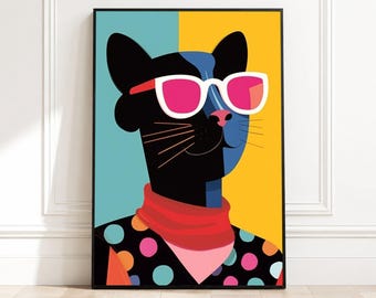 Quadro moderno em tela com gato preto, estilo pop art, com óculos de sol rosa, estampa colorida de bolinhas, retrato de animal estiloso, decoração moderna para casa.
