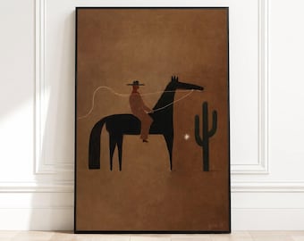 Minimalist Cowboy on Horse Canvas, Southwestern Desert Art, Rustic Western Wall Decor, Modern Brown Canvas, Cactus Silhouette Painting