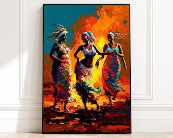 Vibrant African Dance Scene Canvas, Colorful Ethnic Women Art, Cultural Celebration Wall Art, Modern Tribal Painting Canvas, Home Decor