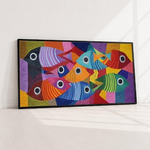 Pesci astratti colorati, tela geometrica moderna, vivace arte murale con vita oceanica, design contemporaneo di creature marine, arte su tela per la decorazione della casa