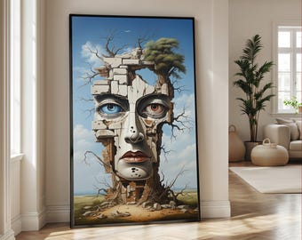 Surreal Face Mosaic Canvas Wall Art, Salvador Dali Surrealism, Dual Eye Abstract Portrait, Modern Surreal Decor, Unique Home Art
