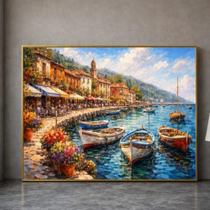 Canvas Mediterrane havenscène, schilderij kustdorp, boten en cafémuurkunst aan het water, kleurrijk kustlandschapsdoek, klaar om te