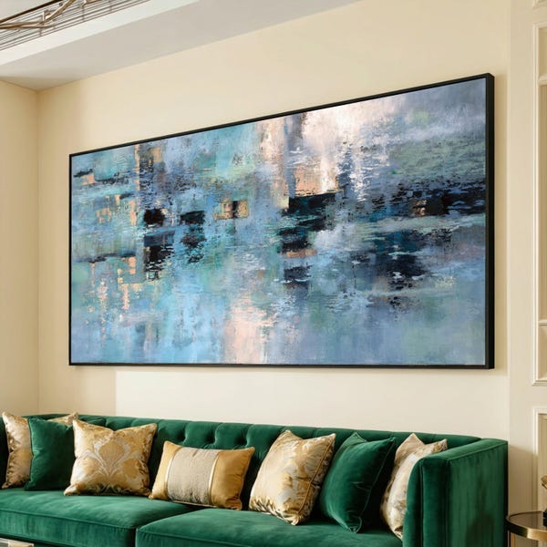 Rustig blauw abstract canvas, moderne muurkunst, rustig kusthuisdecor, hedendaagse schilderkunst op canvas, klaar om op te hangen