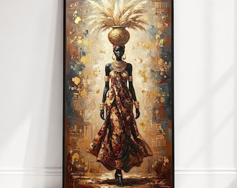 Elegant African Woman Canvas Art, Tribal Dress Wall Decor, Ethnic Culture Canvas, Gold Accents Painting, Boho Chic Home Decoration