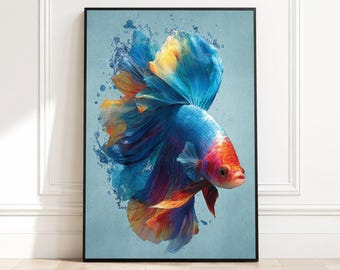 Lienzo de pez Betta vibrante, decoración colorida para acuario, pintura de peces tropicales, obra de arte de pez azul y naranja, listo para colgar, decoración del hogar.