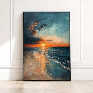 Lienzo con atardecer en la playa, arte mural con olas del océano, pintura de paisaje costero, decoración costera, lienzo con reflejos del atardecer