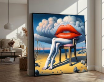Surreal Woman with Red Lips Canvas, Salvador Dali Art, Surrealism Wall Decor, Dreamlike Landscape Canvas, Modern Art Decoration