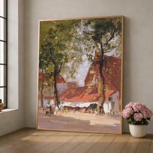 Elioth Gruner Java Village Scene canvas, impressionistisch landschapskunst aan de muur, rustiek huisdecor, natuurbomen en markt canvas, klaar om op te hangen