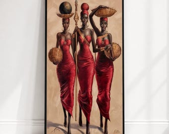 Elegant African Women in Red Dresses Canvas Wall Art, Ethnic Tribal Fashion Painting, Cultural Home Decor, Bold Statement Wall Art
