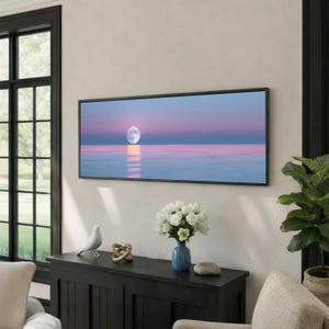 Full Moon Over Calm Ocean, Pastel Sky Reflection Canvas, Tranquil Seascape Wall Art, Moonlight Horizon Decor, Relaxing Nature Canvas