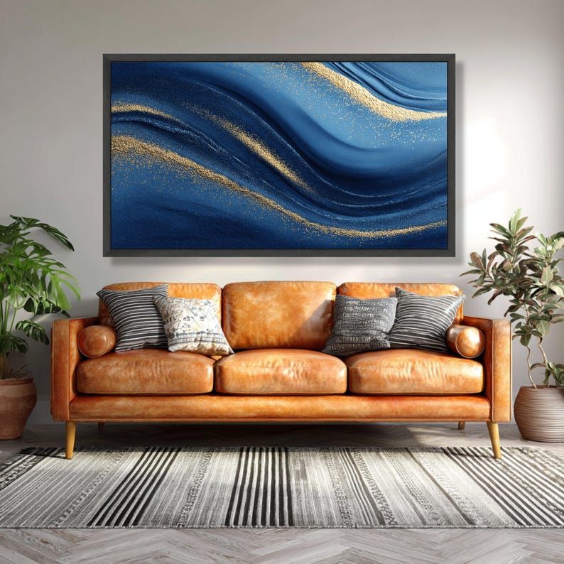 Modern Blue and Gold Abstract Canvas Wall Art, Luxury Fluid Art ...